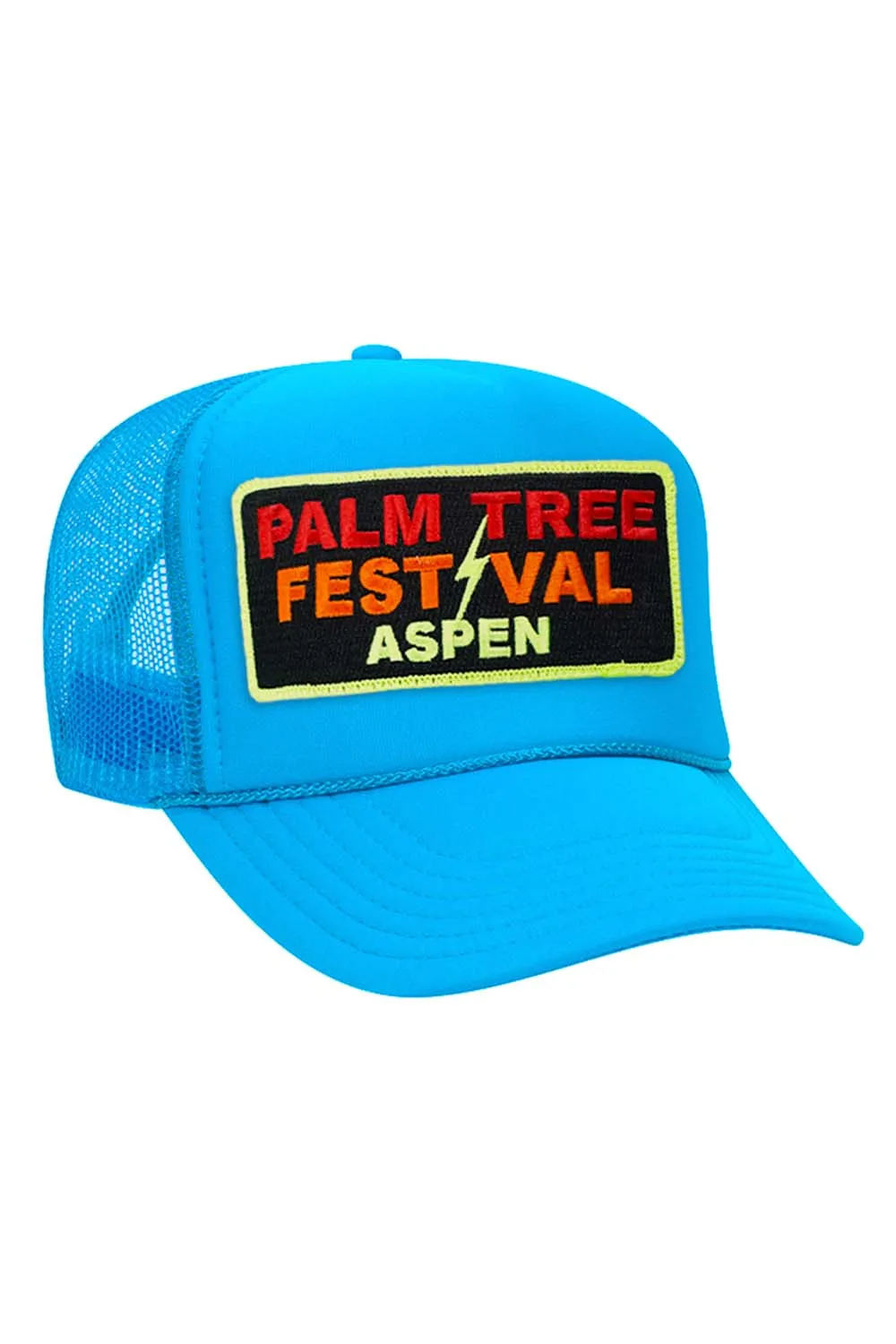 PALM TREE FESTIVAL ASPEN 2024 VINTAGE LOW RISE TRUCKER - NEON BLUE sold by Aviator Nation
