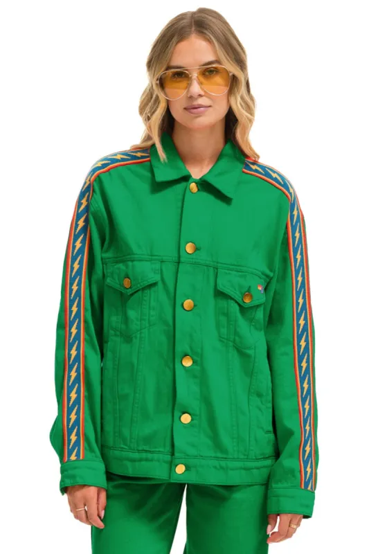 BOLT STRIPE OVERSIZED CONCERT DENIM JACKET - KELLY GREEN sold by Aviator Nation
