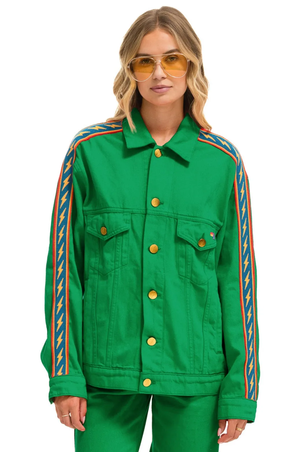 BOLT STRIPE OVERSIZED CONCERT DENIM JACKET - KELLY GREEN sold by Aviator Nation