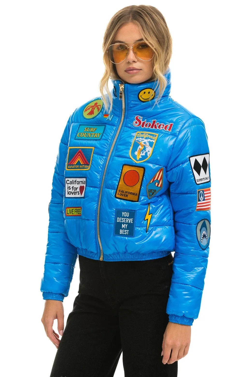 VINTAGE PATCH APRES PUFFER JACKET - BLUE CINA GLOSSY sold by Aviator Nation product image thumbnail 5