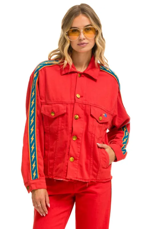 BOLT STRIPE OVERSIZED CUTOFF DENIM JACKET - RED sold by Aviator Nation