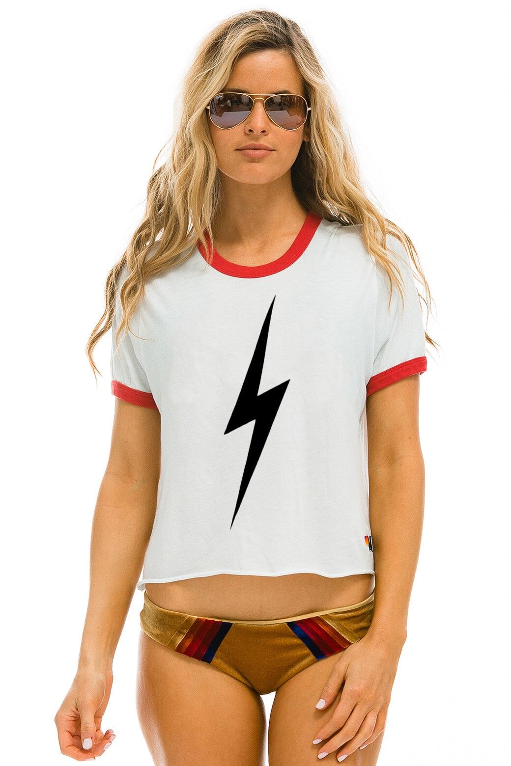 BOLT BOYFRIEND RINGER TEE - WHITEE // RED sold by Aviator Nation