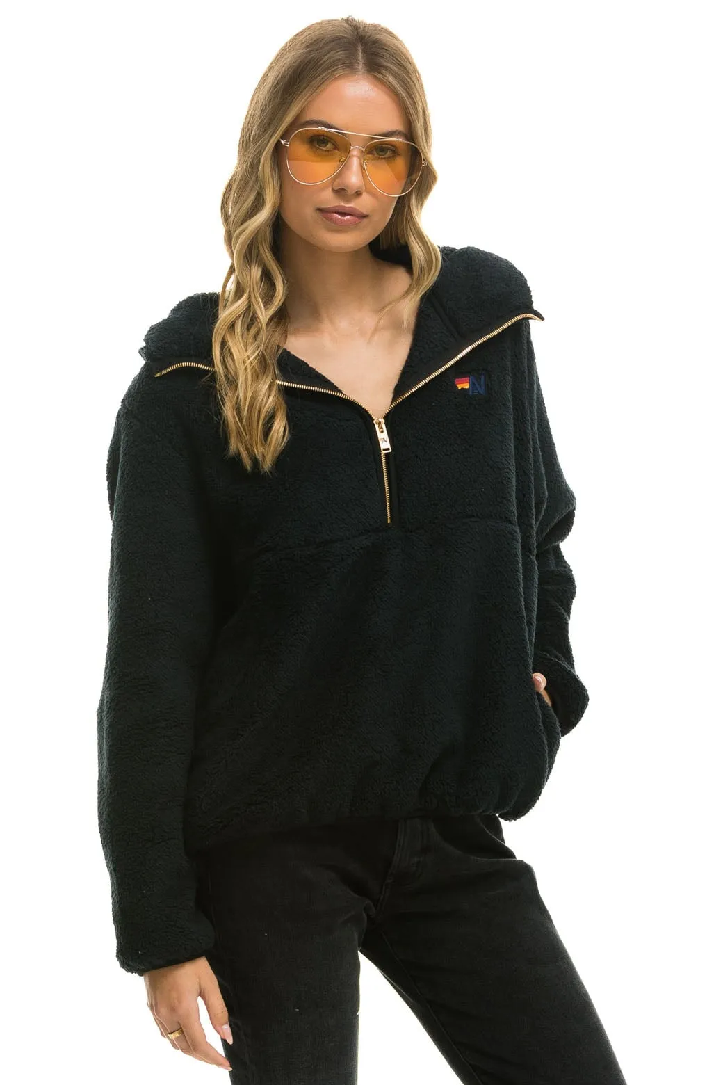 TEDDY APRES HOODED HALF ZIP JACKET - BLACK sold by Aviator Nation product image thumbnail 5
