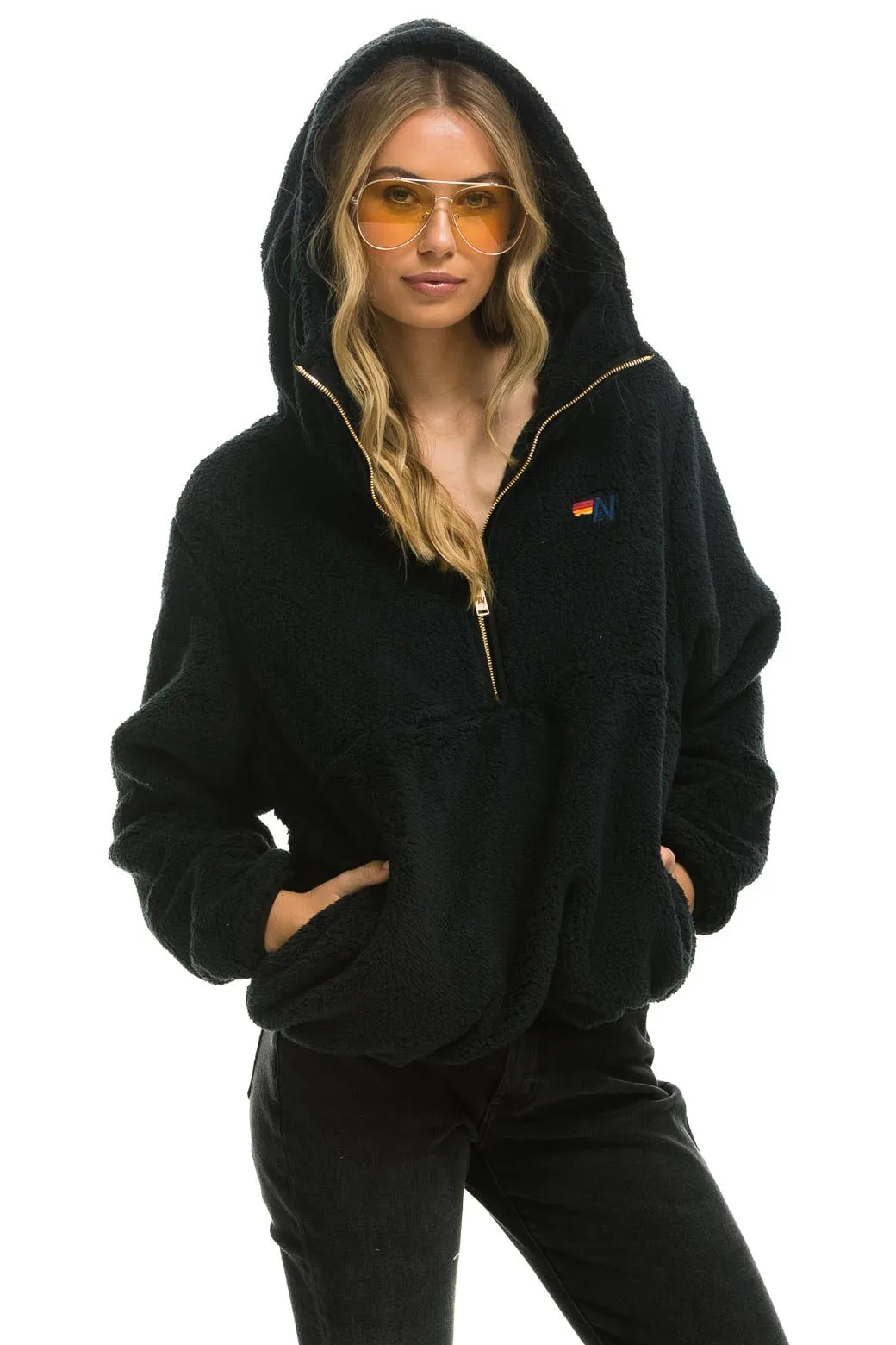 TEDDY APRES HOODED HALF ZIP JACKET - BLACK sold by Aviator Nation product image thumbnail 3