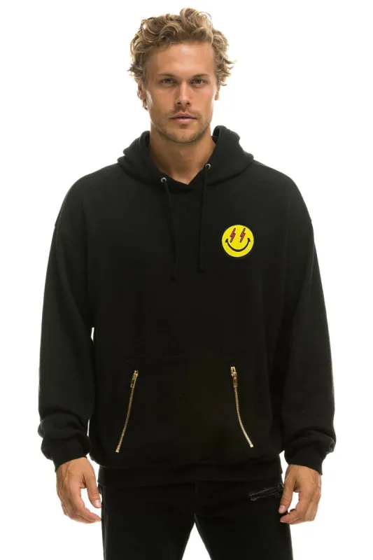 BOLT SMILEY EMBROIDERY RELAXED PULLOVER HOODIE - BLACK sold by Aviator Nation