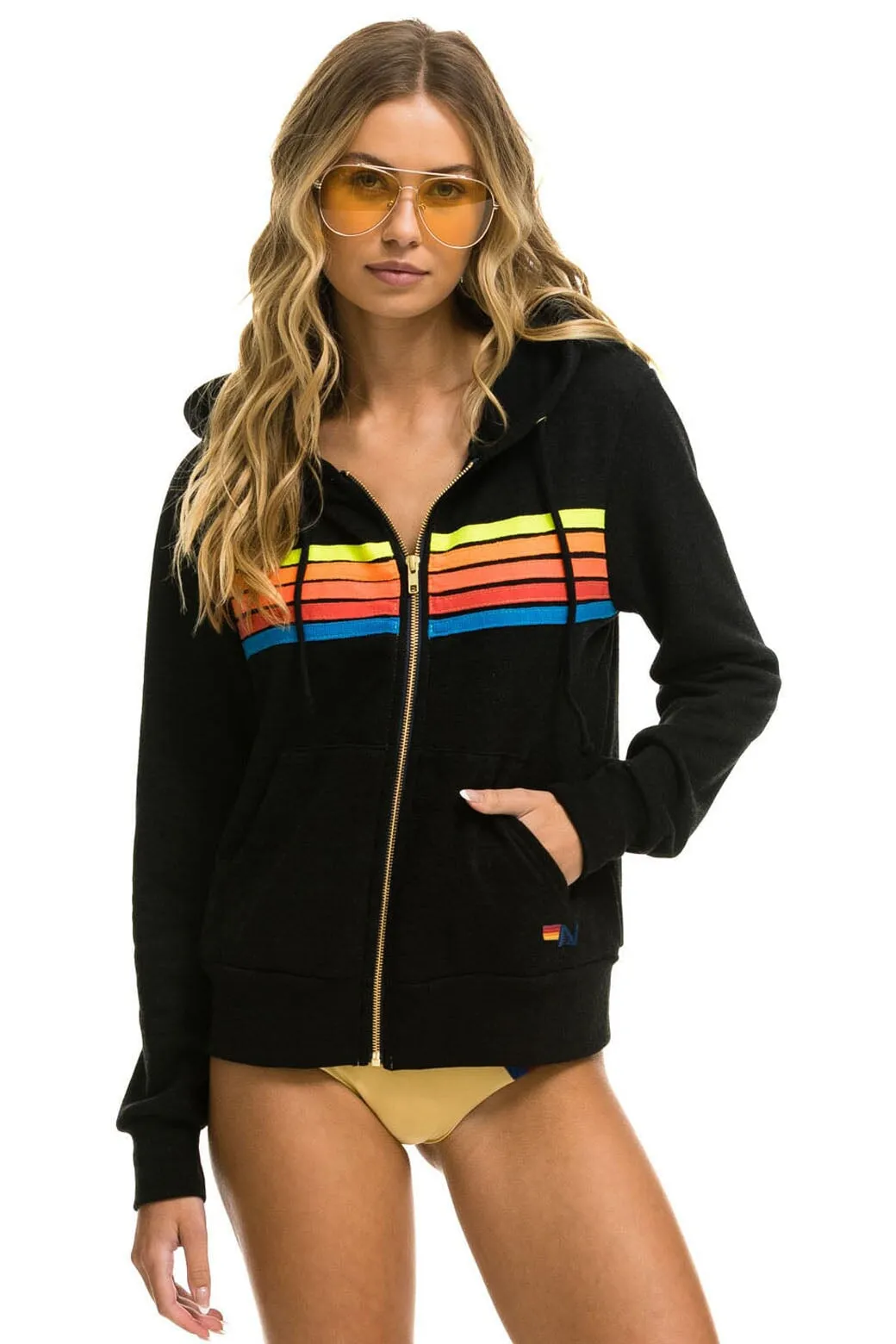 5 STRIPE HOODIE - BLACK // NEON RAINBOW sold by Aviator Nation