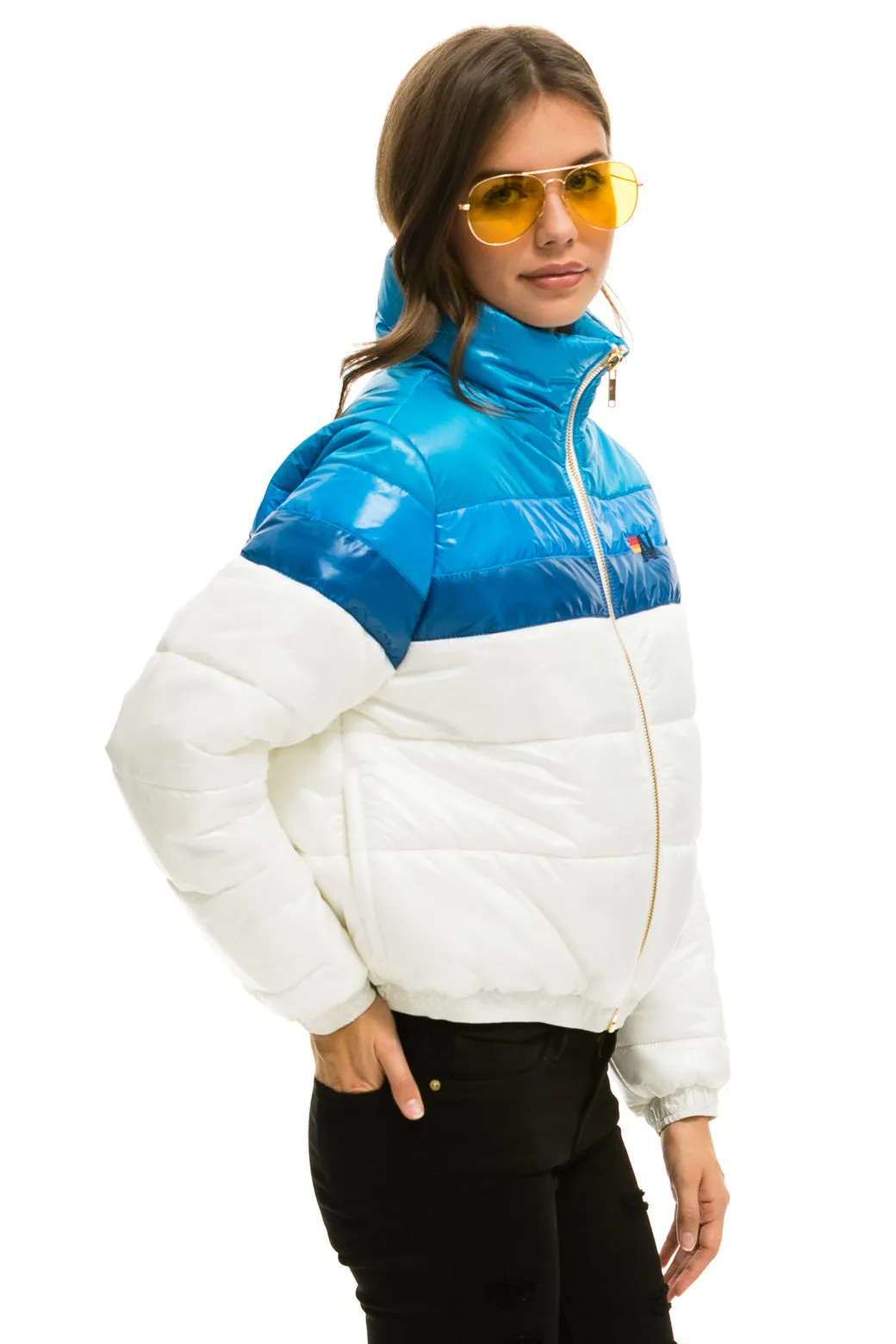 COLOR BLOCK LUXE APRES PUFFER JACKET - GLOSSY WHITE DRESDEN sold by Aviator Nation product image thumbnail 4