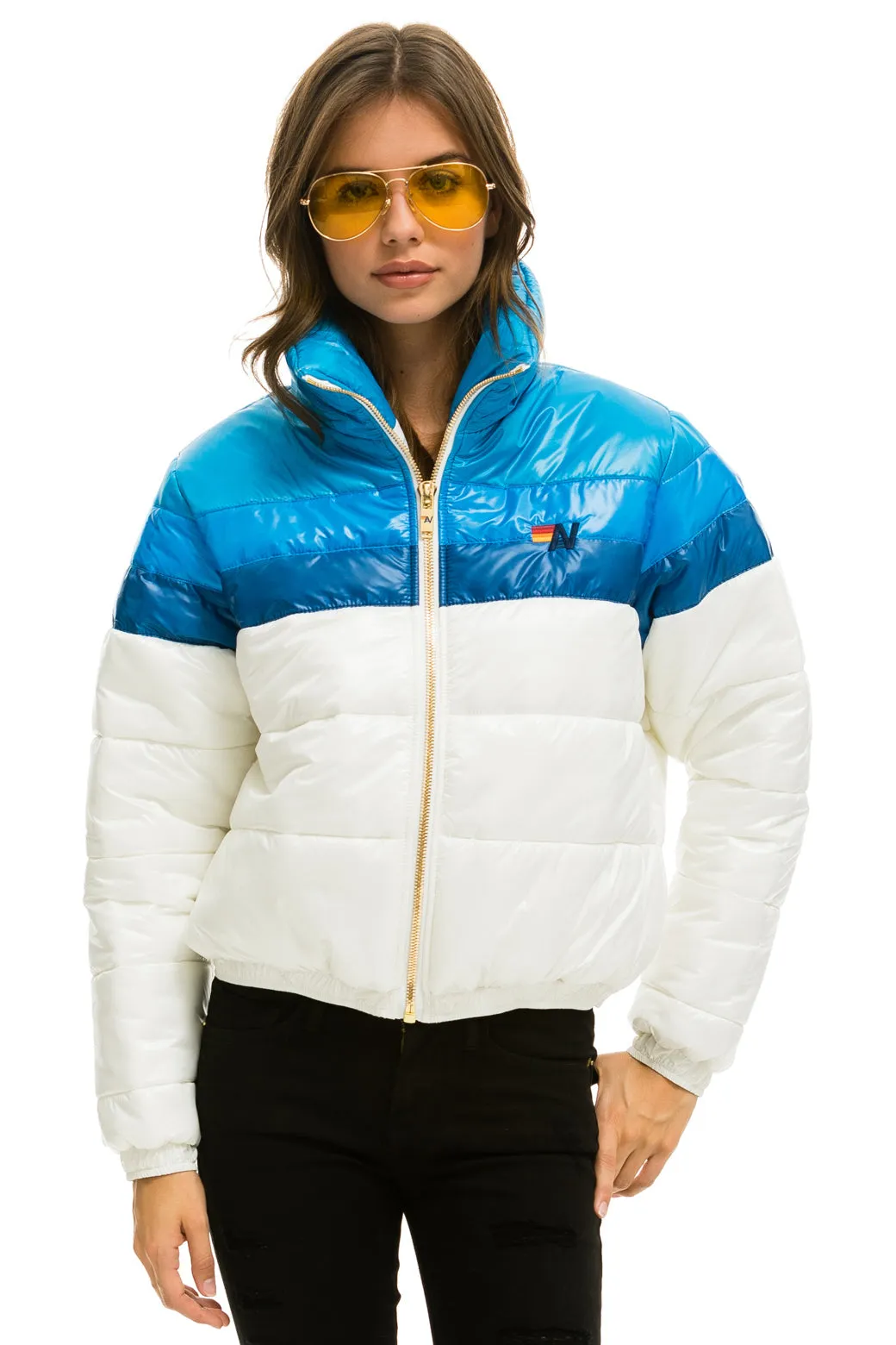COLOR BLOCK LUXE APRES PUFFER JACKET - GLOSSY WHITE DRESDEN sold by Aviator Nation
