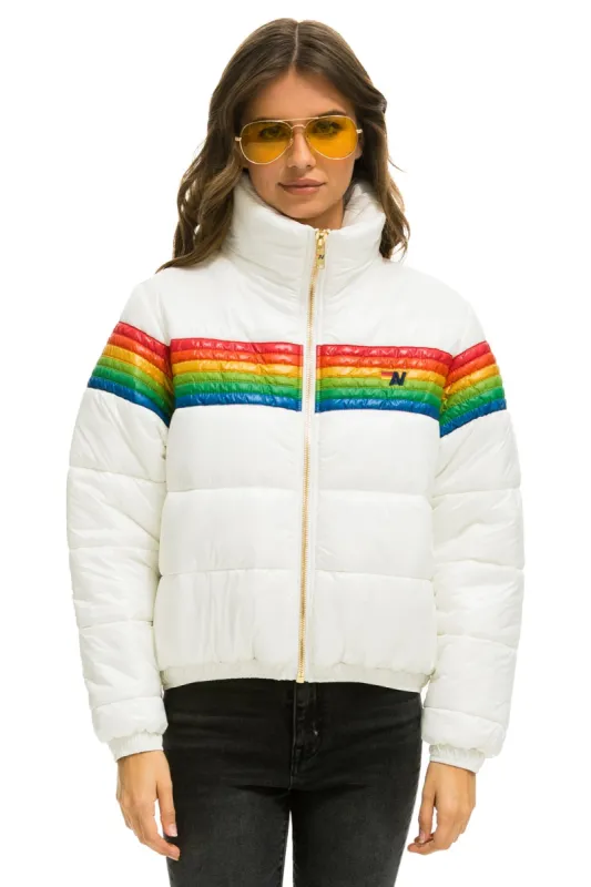6 STRIPE LUXE APRES PUFFER JACKET - GLOSSY WHITE sold by Aviator Nation
