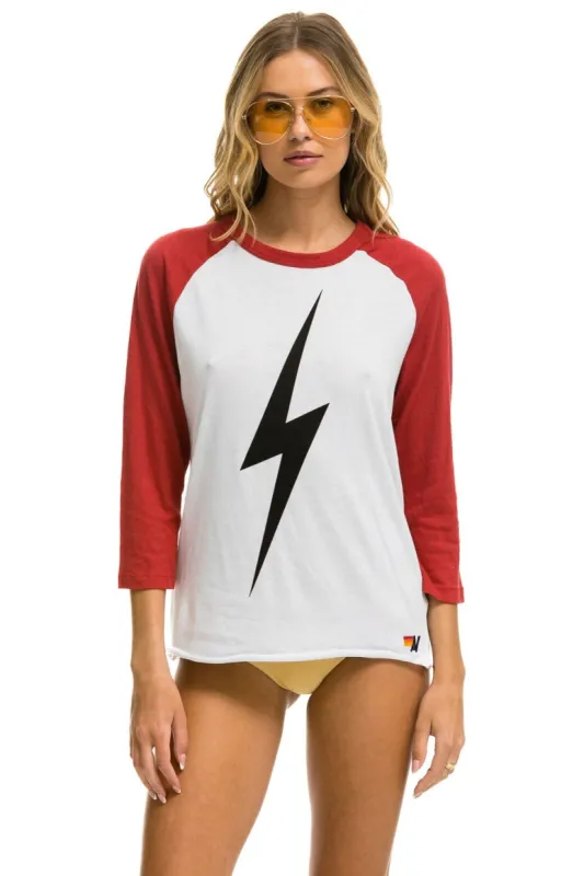 BOLT BASEBALL TEE - WHITE // RED sold by Aviator Nation