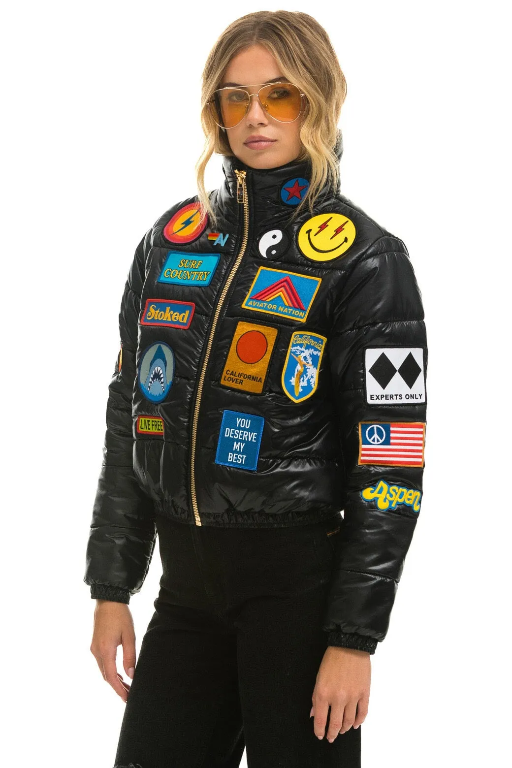 VINTAGE PATCH APRES PUFFER JACKET - BLACK GLOSSY sold by Aviator Nation product image thumbnail 5