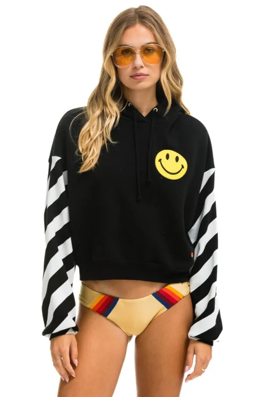 CAUTION STRIPE SLEEVE SMILEY 2 EMBROIDERY RELAXED CROPPED PULLOVER HOODIE - BLACK // WHITE sold by Aviator Nation