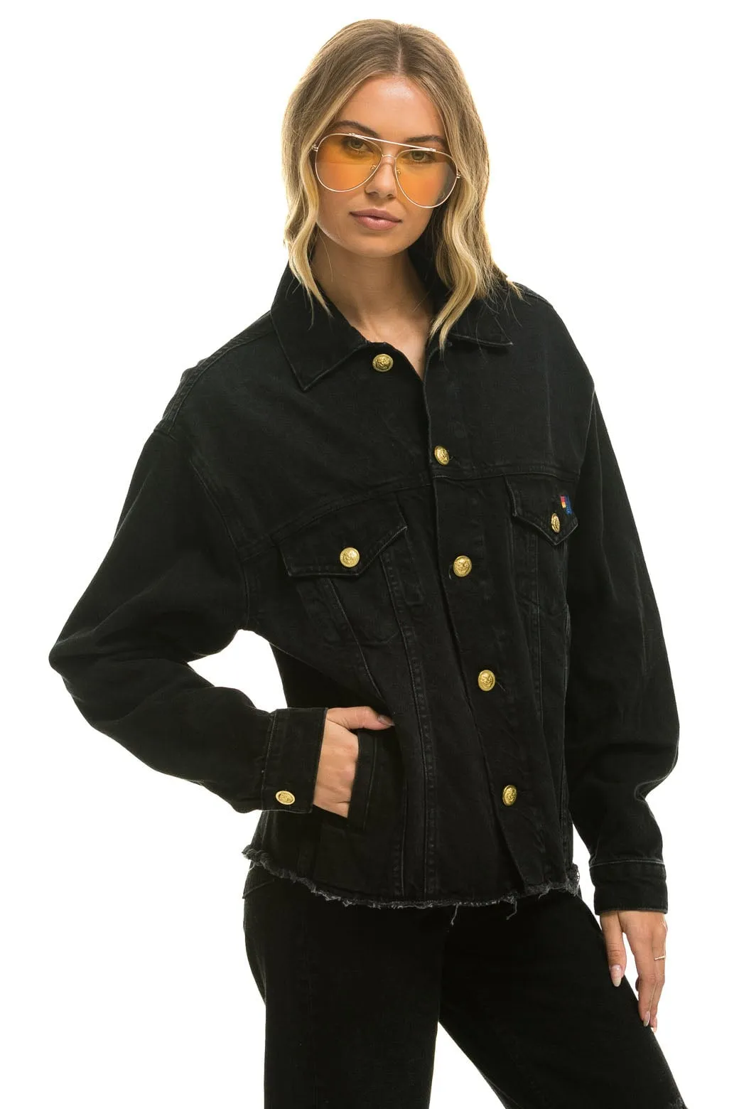 RAINBOW BOLT OVERSIZED CROP DENIM JACKET - VINTAGE BLACK sold by Aviator Nation product image thumbnail 5