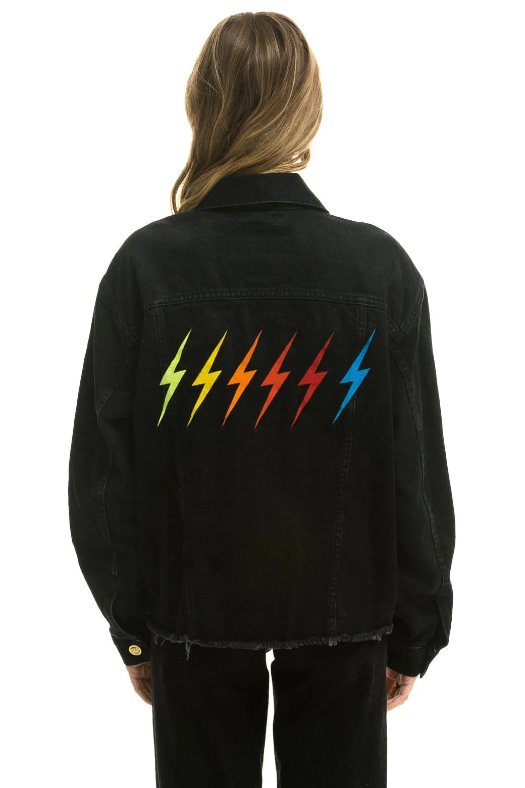 RAINBOW BOLT OVERSIZED CROP DENIM JACKET - VINTAGE BLACK sold by Aviator Nation