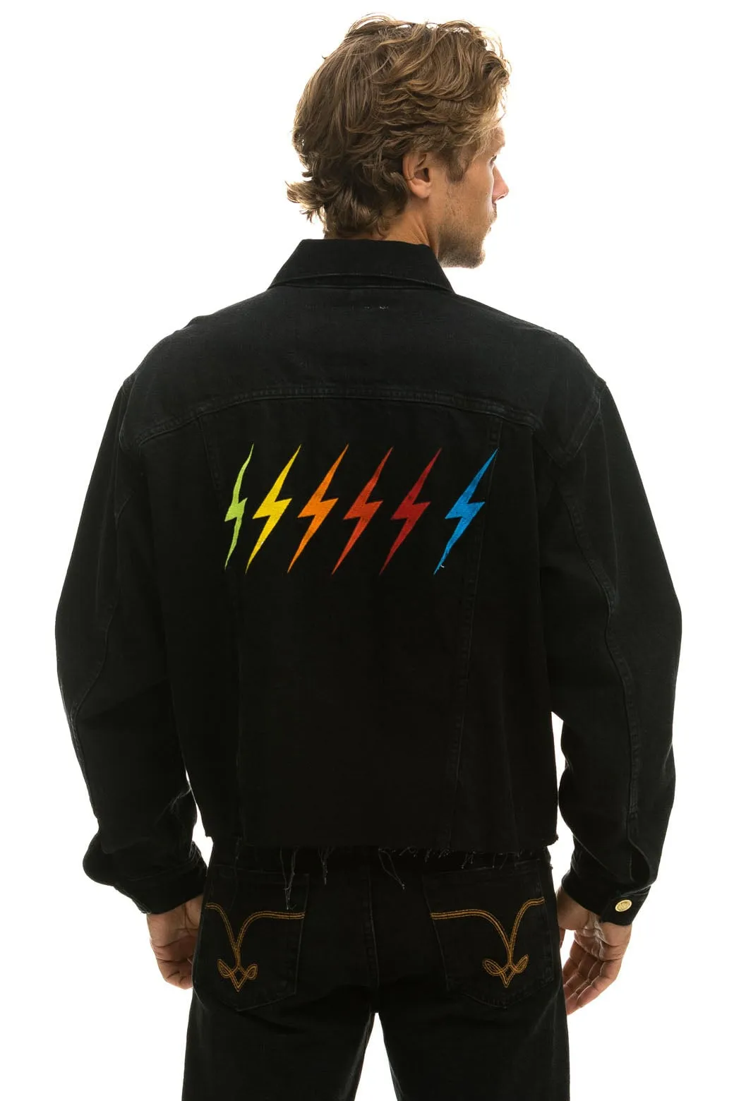 RAINBOW BOLT OVERSIZED CROP DENIM JACKET - VINTAGE BLACK sold by Aviator Nation product image thumbnail 2
