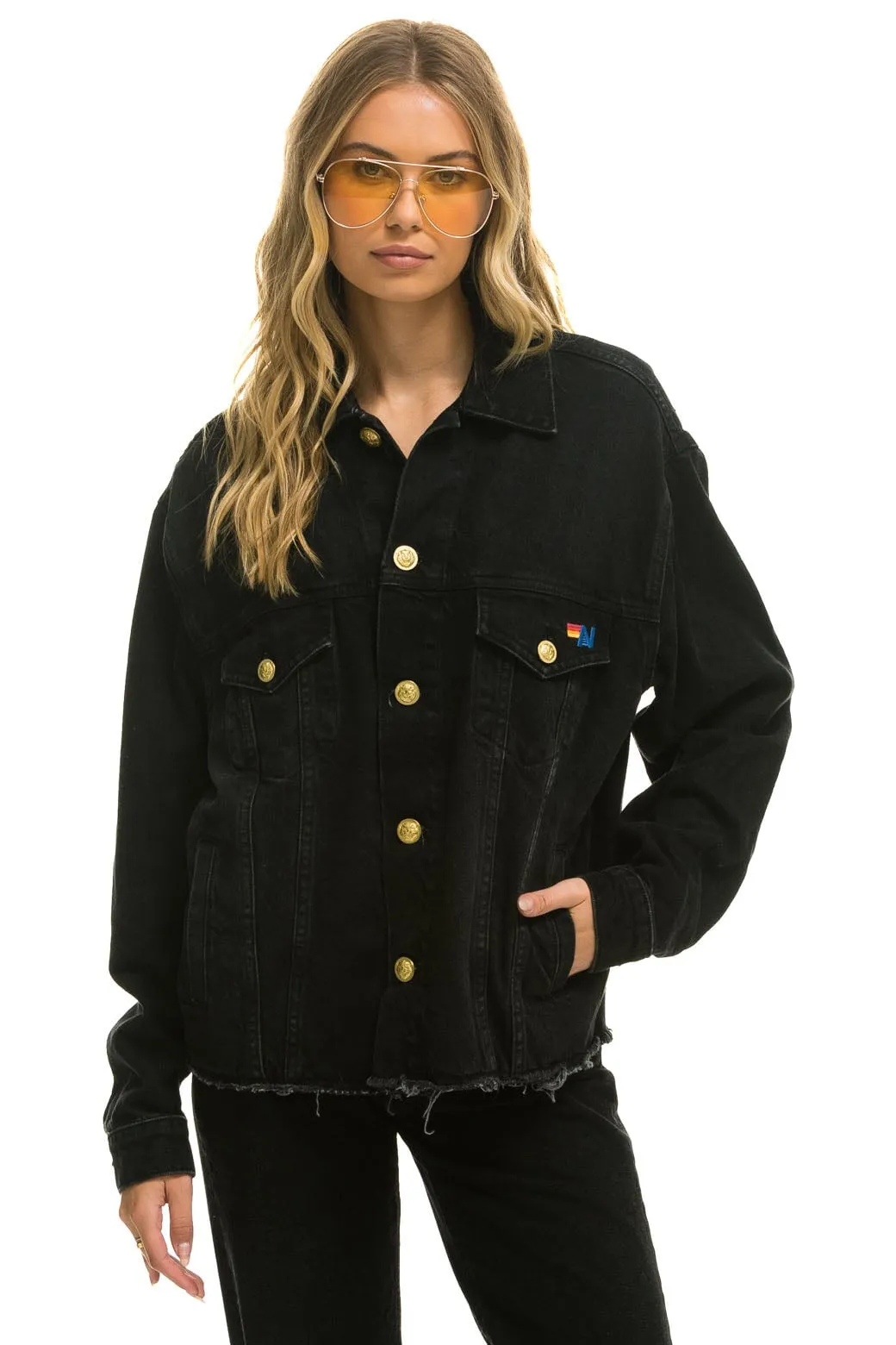 RAINBOW BOLT OVERSIZED CROP DENIM JACKET - VINTAGE BLACK sold by Aviator Nation product image thumbnail 3