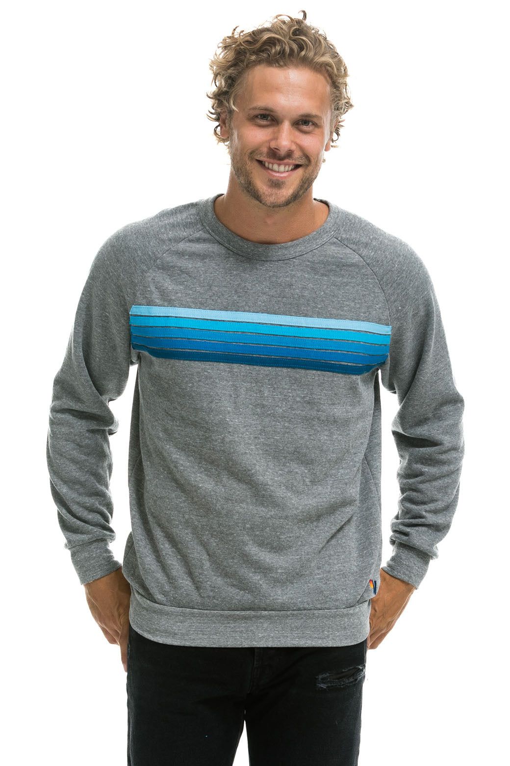 5 STRIPE CREW SWEATSHIRT - HEATHER GREY // BLUE sold by Aviator Nation product image thumbnail 4
