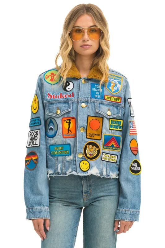 VINTAGE PATCH CROP DENIM JACKET - SUPER LIGHT sold by Aviator Nation