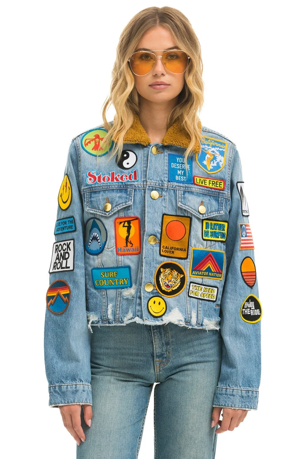 VINTAGE PATCH CROP DENIM JACKET - SUPER LIGHT sold by Aviator Nation
