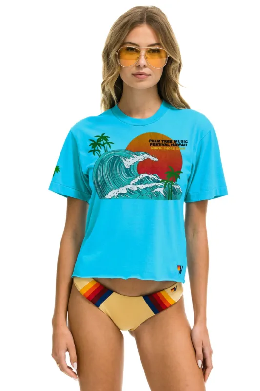 PALM TREE FESTIVAL HAWAII 2024 BOYFRIEND TEE - NEON BLUE sold by Aviator Nation