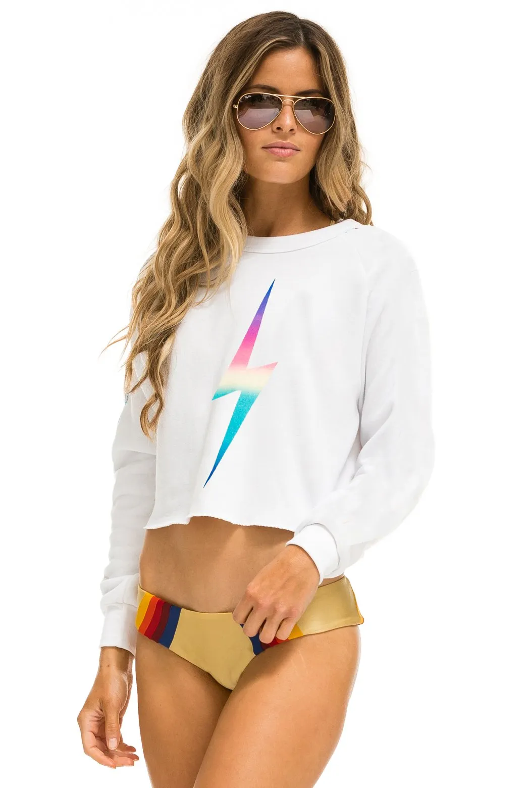 BOLT CROPPED CREW SWEATSHIRT - WHITE // RAINBOW BOLT sold by Aviator Nation