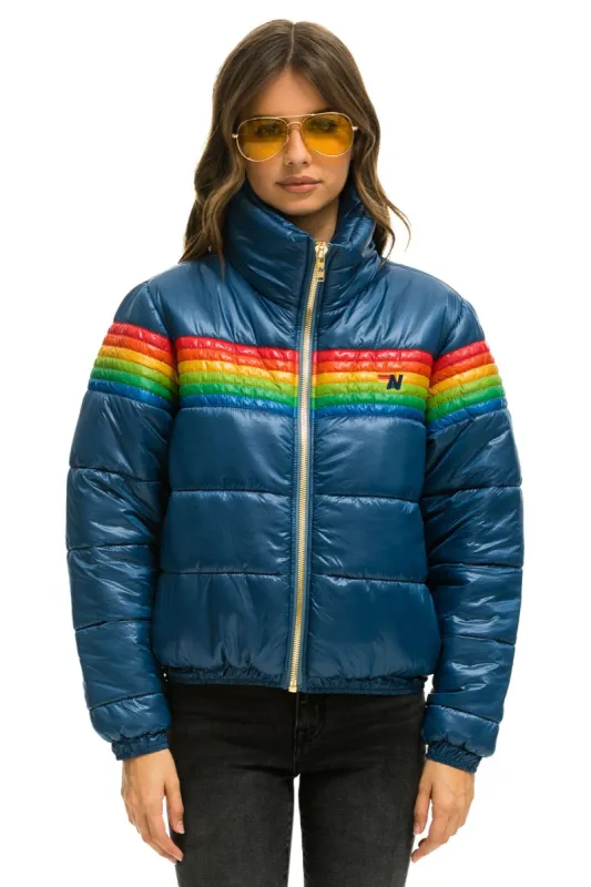 6 STRIPE LUXE APRES PUFFER JACKET - GLOSSY DEEP BLUE sold by Aviator Nation