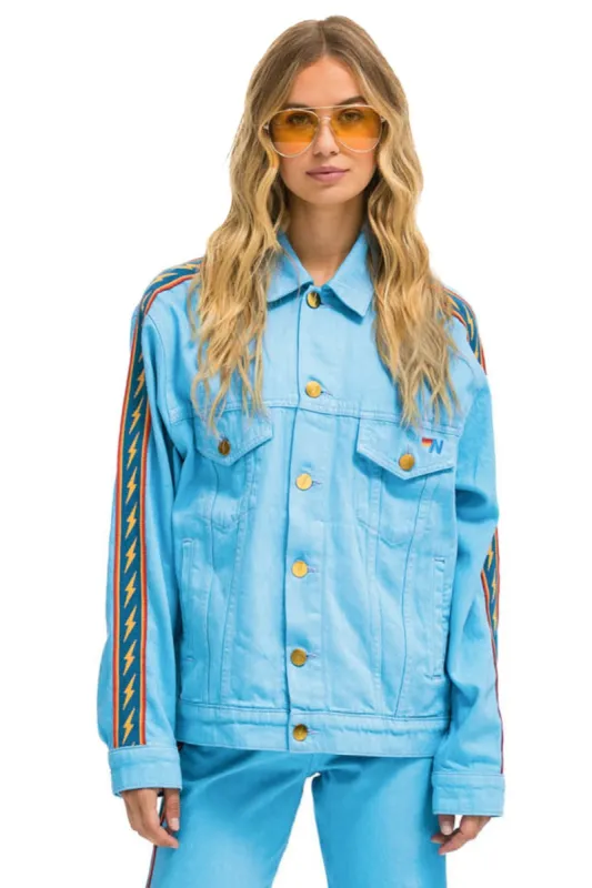 BOLT STRIPE OVERSIZED CONCERT DENIM JACKET - SKY sold by Aviator Nation