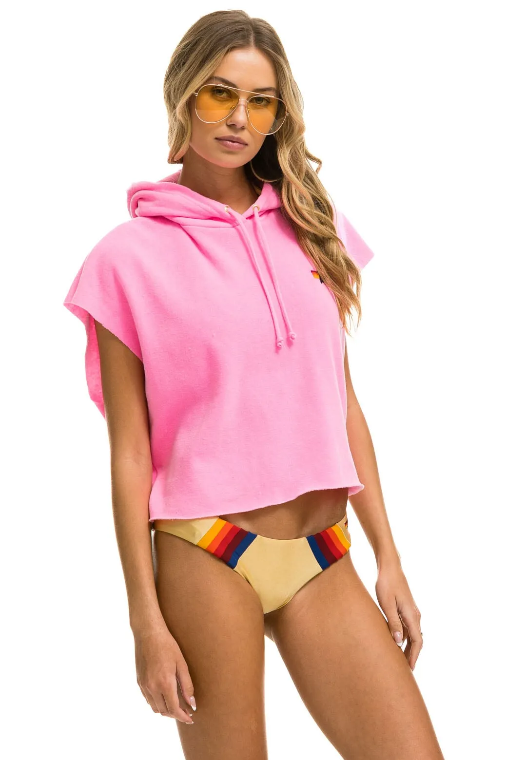 LOGO EMBROIDERY SLEEVELESS RELAXED CROPPED PULLOVER HOODIE - NEON PINK sold by Aviator Nation product image thumbnail 4