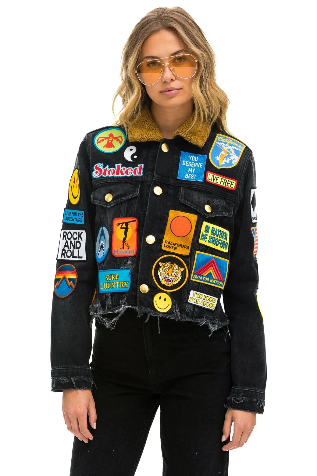 WCS: VINTAGE PATCH UNISEX CROP DENIM JACKET - VINTAGE BLACK sold by Aviator Nation product image thumbnail 2
