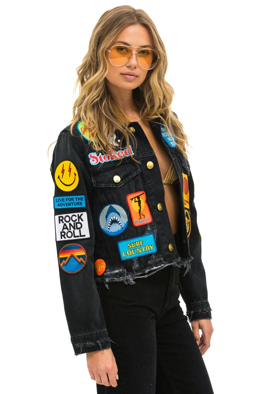 WCS: VINTAGE PATCH UNISEX CROP DENIM JACKET - VINTAGE BLACK sold by Aviator Nation product image thumbnail 4