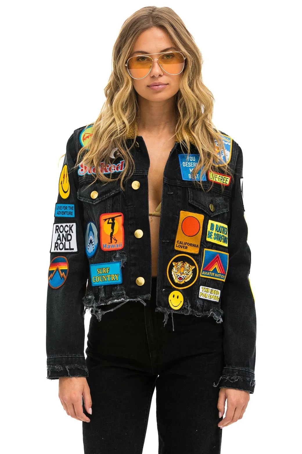WCS: VINTAGE PATCH UNISEX CROP DENIM JACKET - VINTAGE BLACK sold by Aviator Nation product image thumbnail 3