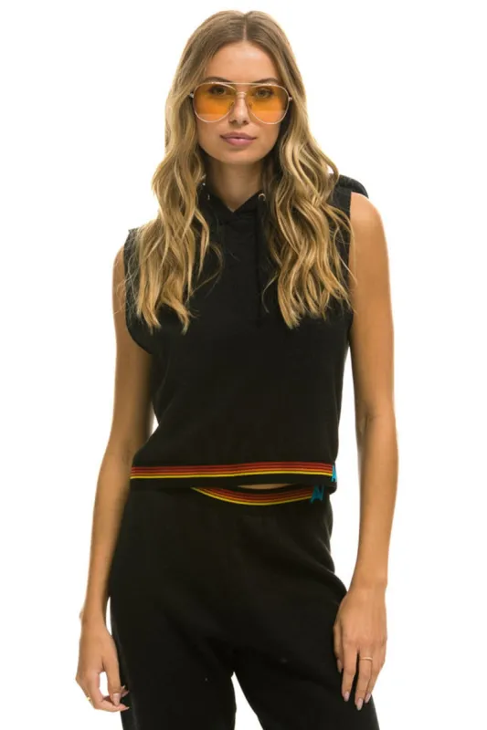 LOGO STRIPE SLEEVELESS CROP PULLOVER HOODIE - BLACK made by Aviator Nation