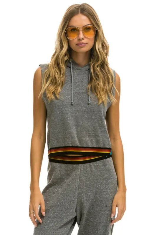 LOGO STRIPE SLEEVELESS CROP PULLOVER HOODIE - HEATHER GREY made by Aviator Nation