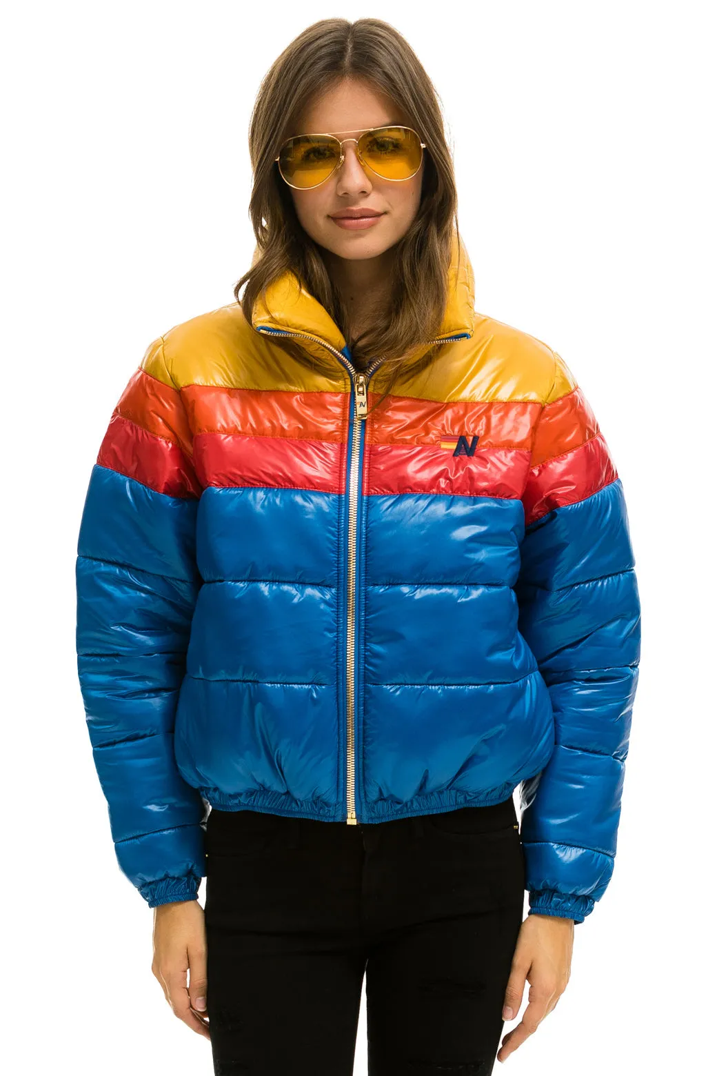 COLOR BLOCK LUXE APRES PUFFER JACKET - GLOSSY SNORKEL BLUE sold by Aviator Nation