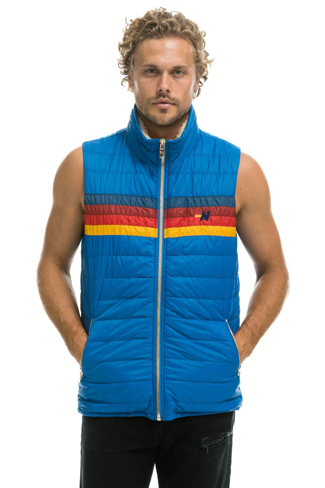 MEN'S 4 STRIPE VEST SHERPA- SNORKEL BLUE sold by Aviator Nation