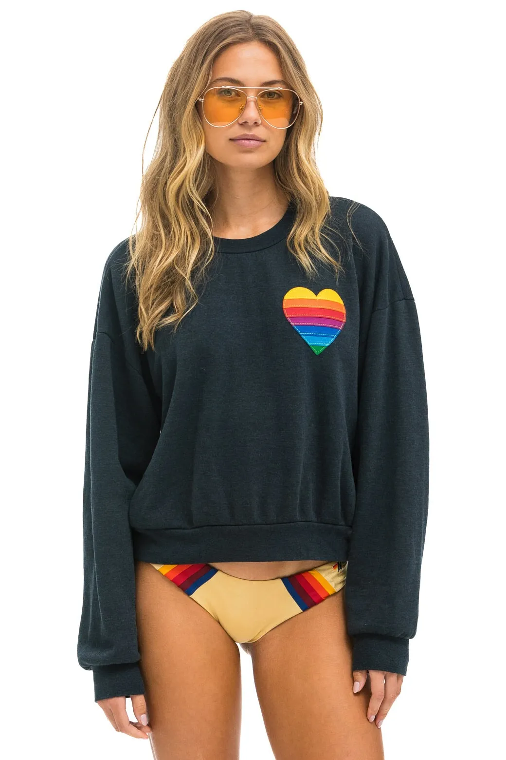 RAINBOW HEART STITCH RELAXED CREW SWEATSHIRT - CHARCOAL sold by Aviator Nation