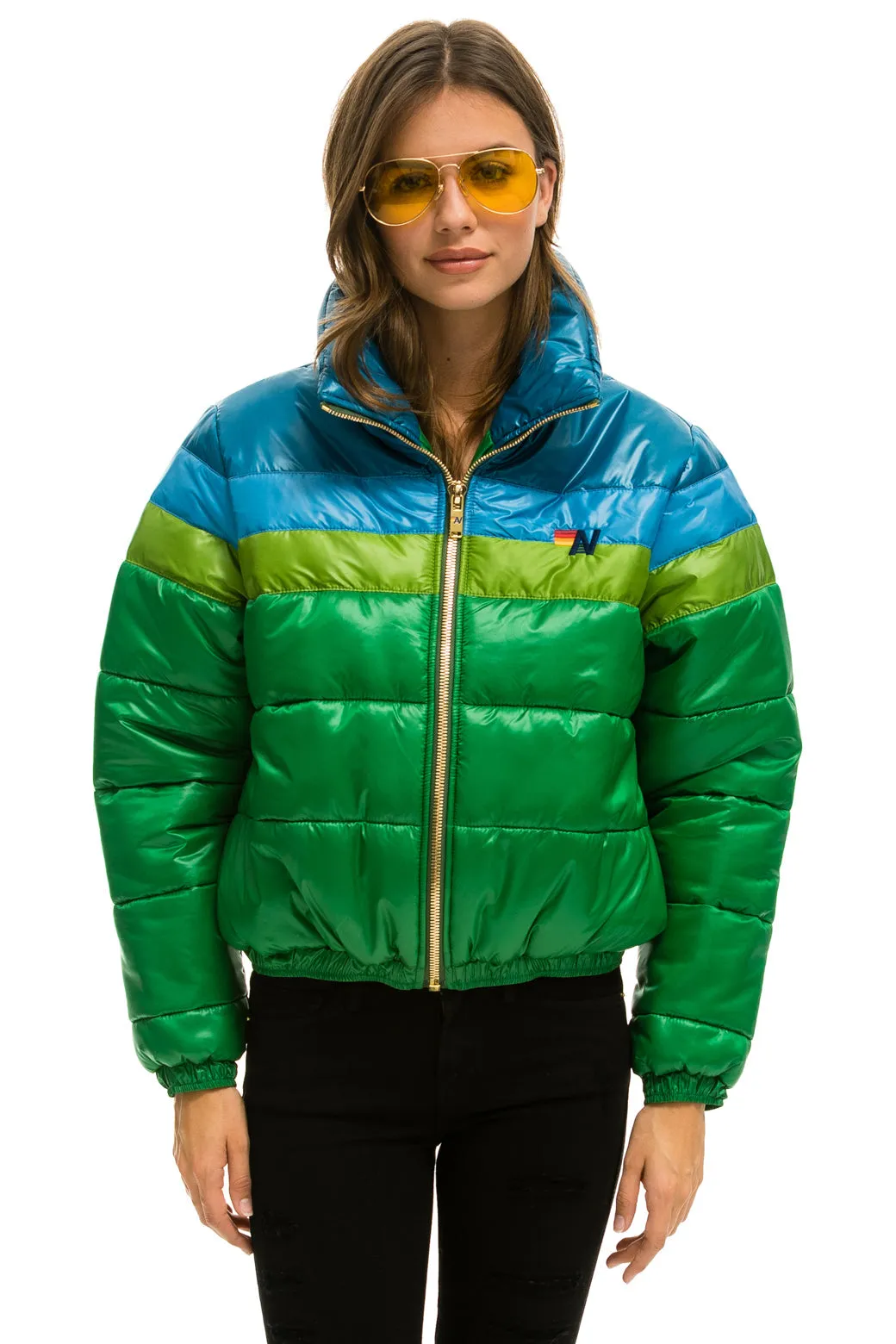 COLOR BLOCK LUXE APRES PUFFER JACKET - AMAZON GLOSSY sold by Aviator Nation