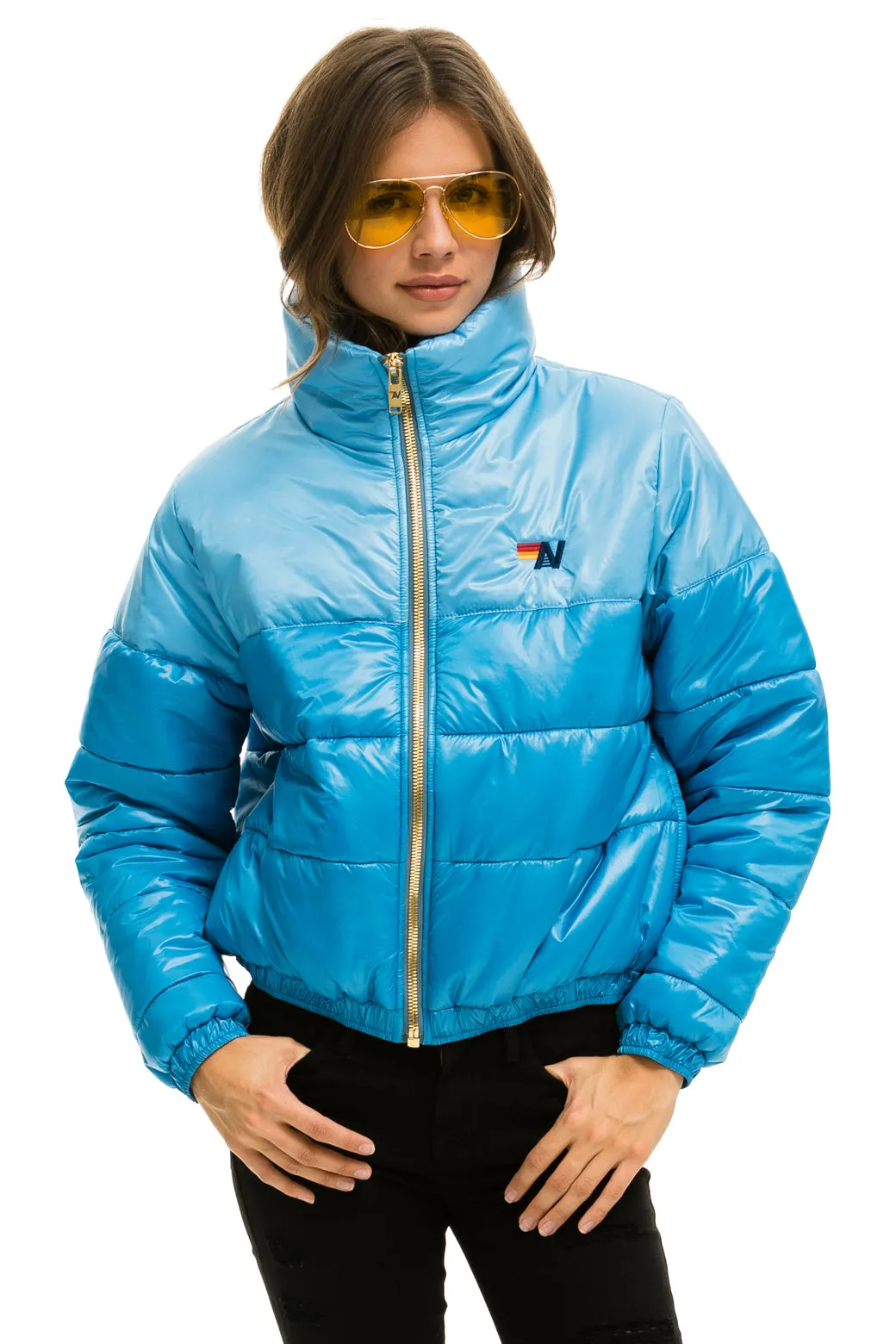 COLOR BLOCK HALF AND HALF APRES PUFFER JACKET - SKY GLOSSY sold by Aviator Nation
