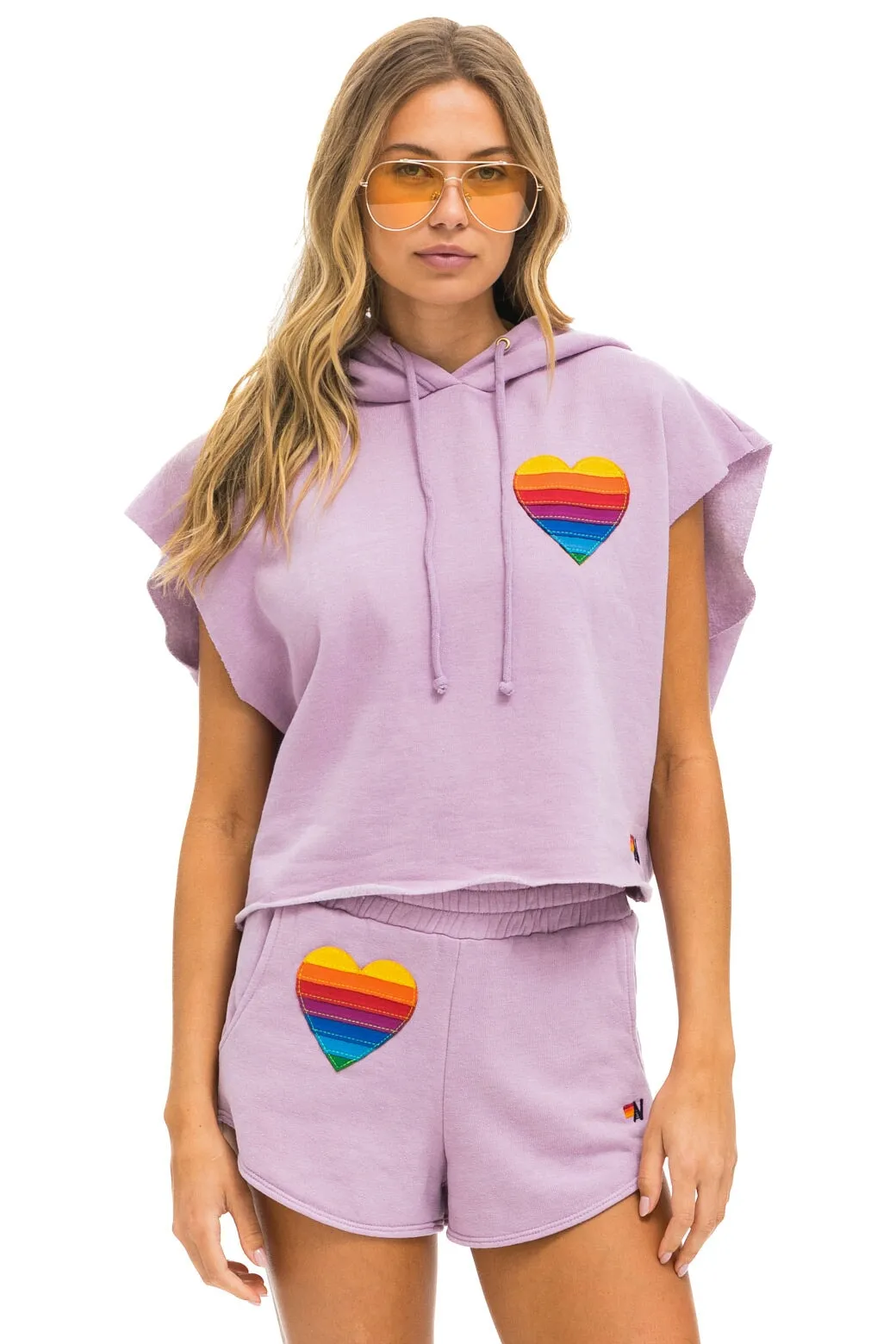 RAINBOW HEART STITCH SLEEVELESS RELAXED CROPPED PULLOVER HOODIE - MAUVE sold by Aviator Nation product image thumbnail 5