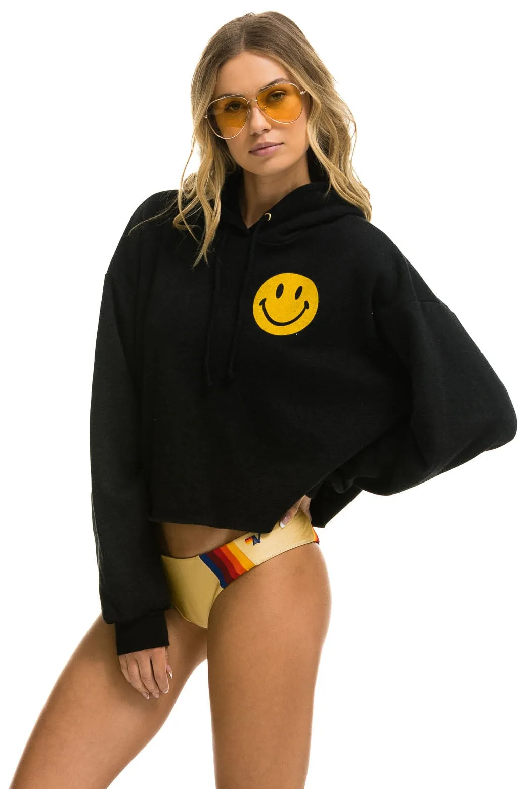SMILEY 2 RELAXED CROPPED PULLOVER HOODIE - BLACK sold by Aviator Nation product image thumbnail 2