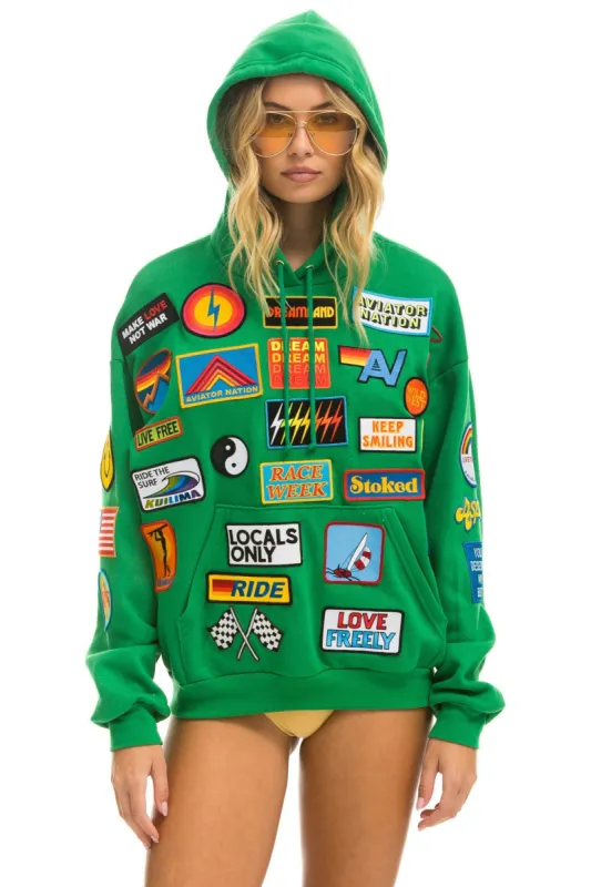 VINTAGE PATCH RELAXED PULLOVER HOODIE- KELLY GREEN sold by Aviator Nation