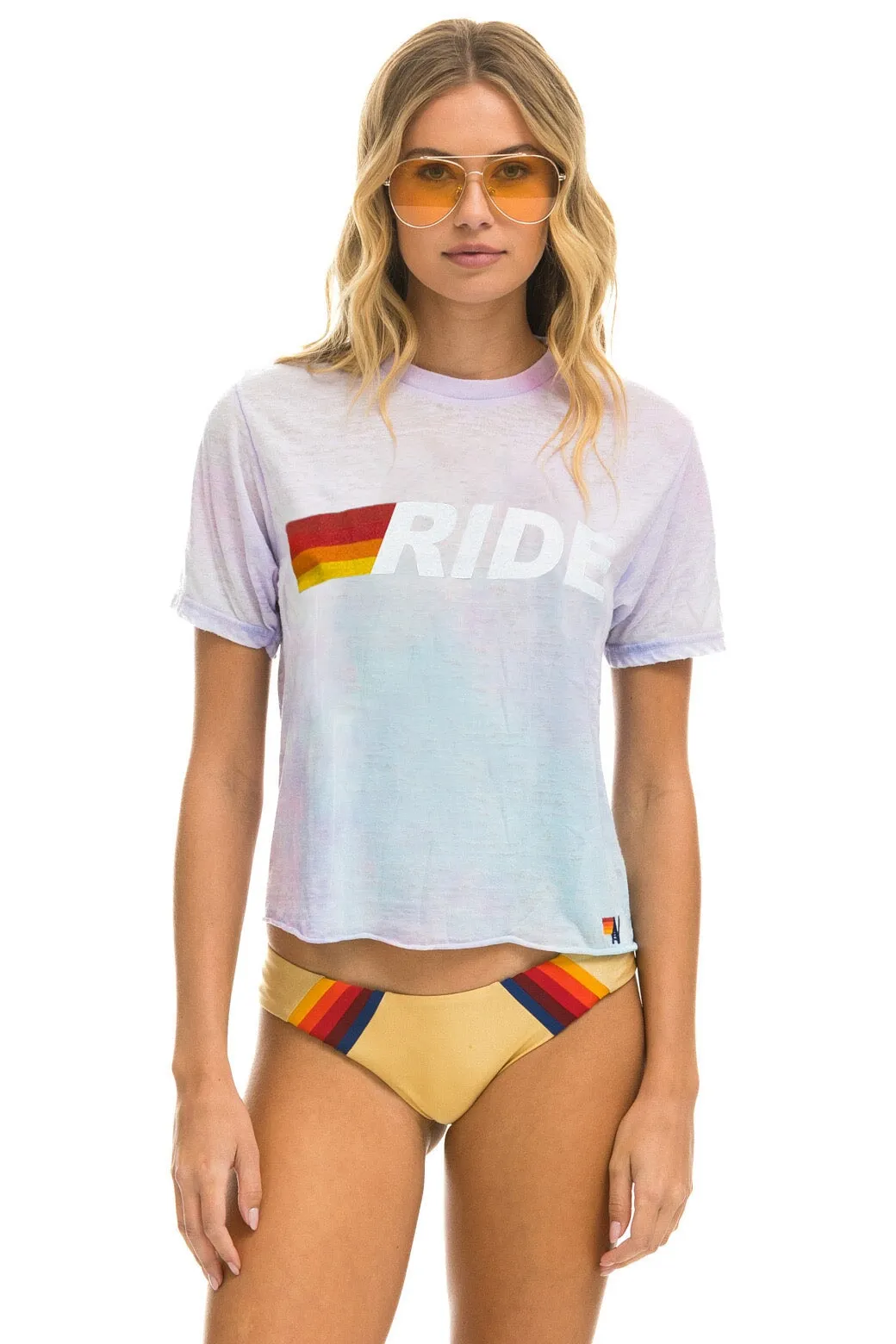 RIDE LOGO WHITE BOYFRIEND TEE - TIE DYE BUBBLEGUM sold by Aviator Nation