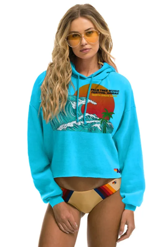 PALM TREE FESTIVAL HAWAII 2024 CROPPED PULLOVER HOODIE RELAXED - NEON BLUE sold by Aviator Nation