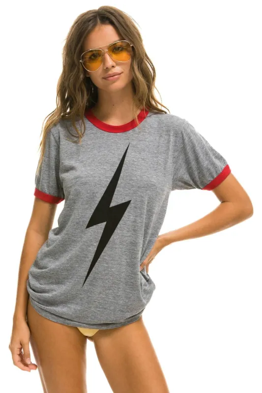 BOLT RINGER TEE - HEATHER GREY // RED sold by Aviator Nation