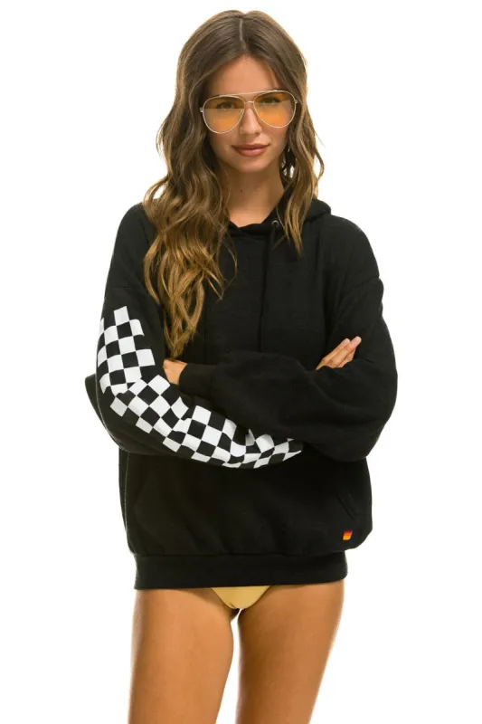 RELAXED CHECK SLEEVE PULLOVER HOODIE - BLACK sold by Aviator Nation