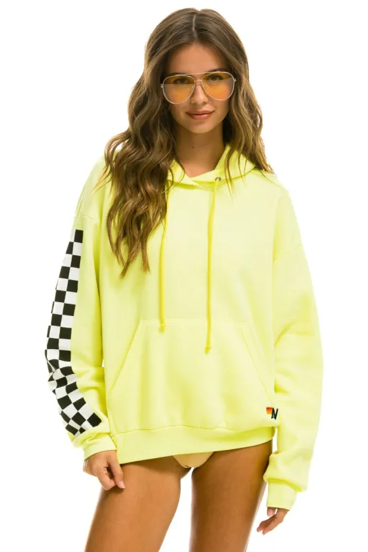 RELAXED CHECK SLEEVE PULLOVER HOODIE  - NEON YELLOW sold by Aviator Nation