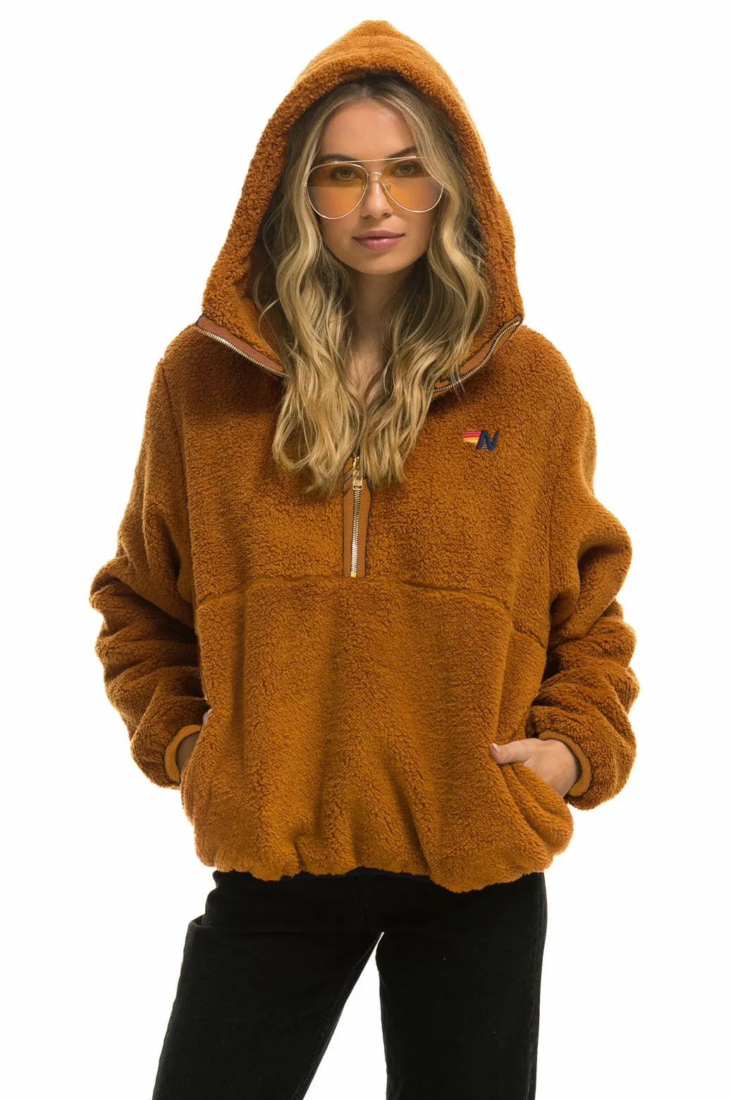 TEDDY UNISEX HOODED HALF ZIP JACKET - WHISKEY sold by Aviator Nation