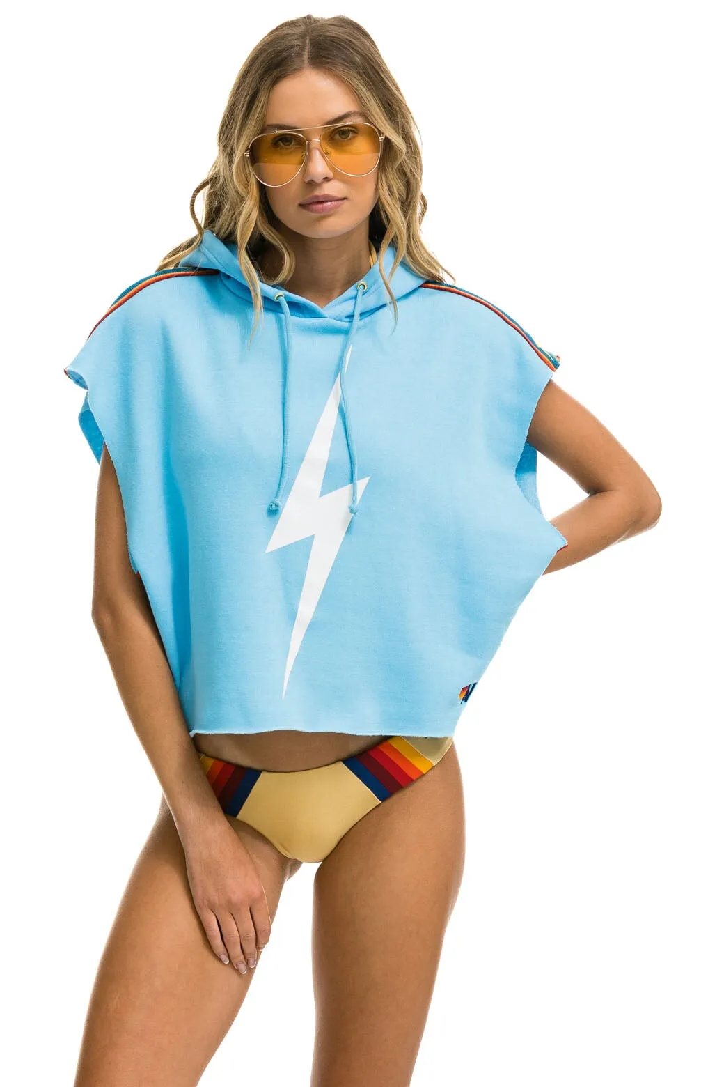 BOLT STRIPE SLEEVELESS RELAXED CROPPED PULLOVER HOODIE - SKY sold by Aviator Nation product image thumbnail 5