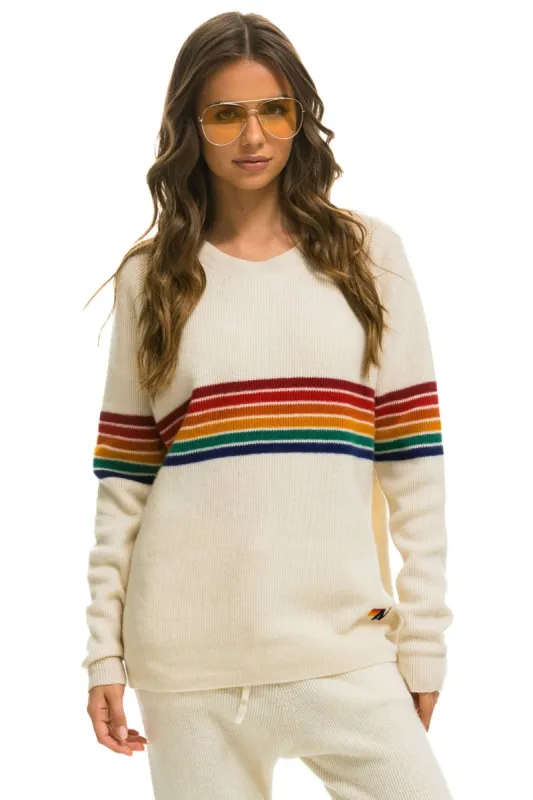 RAINBOW STRIPE 6 UNISEX CASHMERE SWEATER - VINTAGE WHITE sold by Aviator Nation