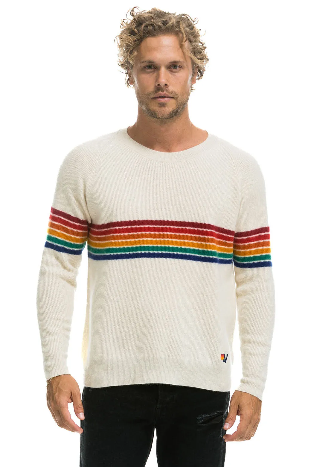 RAINBOW STRIPE 6 UNISEX CASHMERE SWEATER - VINTAGE WHITE sold by Aviator Nation product image thumbnail 2